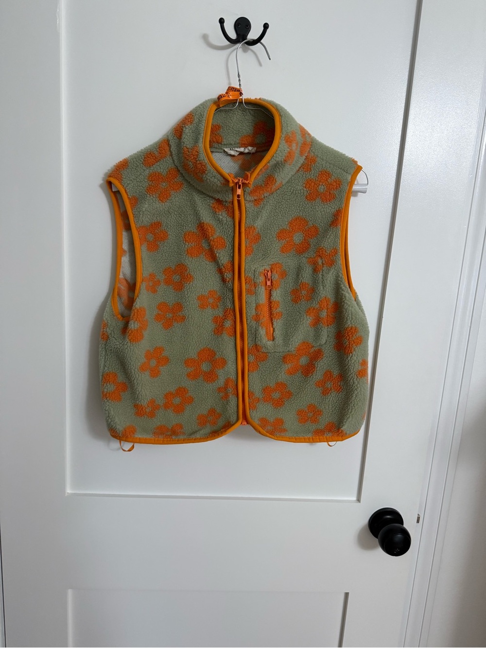 Cozy Floral Sherpa Vest — Olive Green with Orange Trim